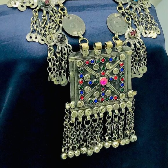 Silver Vintage Coins Chain Necklace, Tribal Big Pendant Necklace - Picture 5 of 9